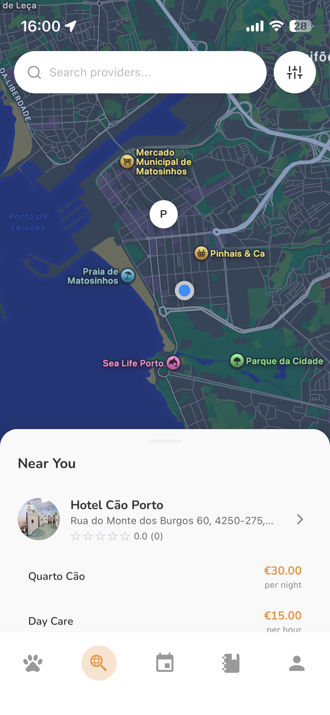 Descoberta de serviços no mapa na app PetHive